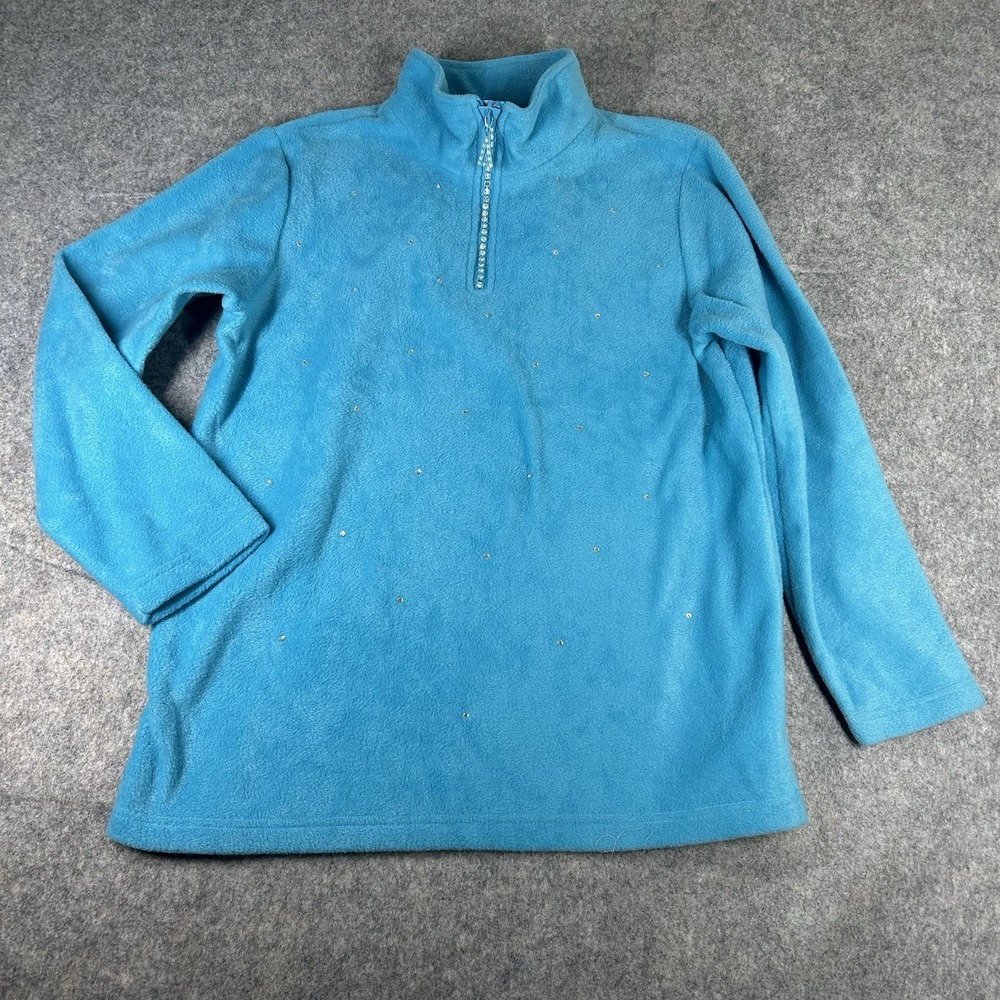 Quacker Factory Jacket Women's Medium Blue Fleece Rhinestones Full Zip Artsy